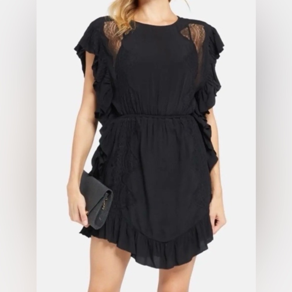 NWT IRO Zestful Chantilly lace-trimmed ruffled crepe mini dress in black. XS